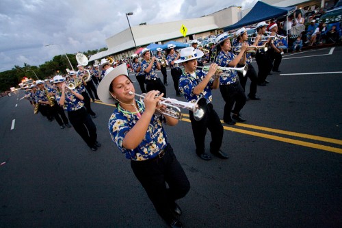 Hilo Christmas Parade Hilo High School Band marching in the Lehua Jaycees Island Style Christmas parade in Hilo.