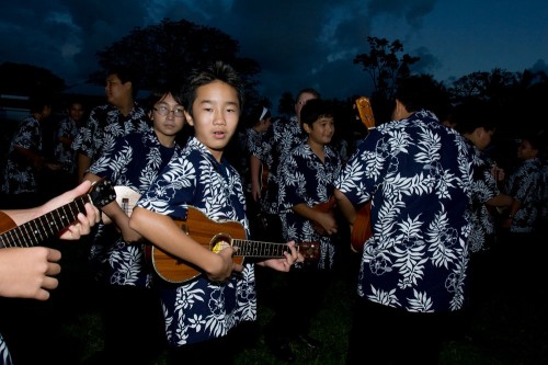 Hilo Christmas Parade Ukulele players from Waiakea Intermediate School prep for the Lehua Jaycees Island Style Christmas parade in Hilo.