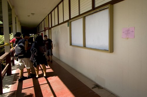 Painted over bulletin board A bulletin board set ablaze by vandals has been painted over as students continue their classes at Ka‘u High School.