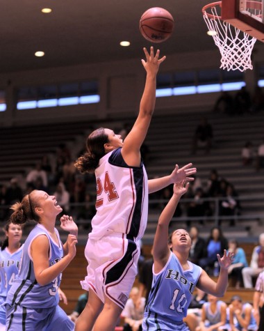 20090103_uhh-hpu-womens-hoops02 UH-Hilo's Sheila Azevedo takes it to the hoop against Hawaii Pacific during action at Afook-Chinen Civic Auditorium. Azevedo scored 13 points during the game.