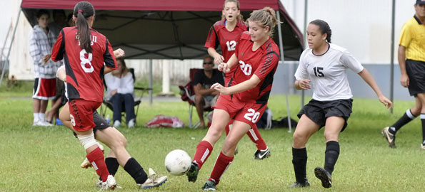 Saturday, Jan. 10, 2009. Girls BIIF Soccer. Under intermittent showers the Hawaii Preparatory Academy Ka Makani girls' soccer team fought to a scoreless tie with the host Saint Joseph Cardinals.