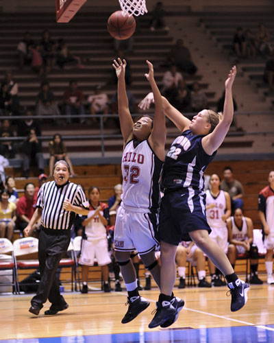 20090110_uhh-nddnu0301 Jessica Hanato gets fouled on her jumper by Argonaut #22 Britni Rathke.