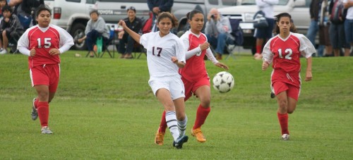 20090117_ajia-minor Christian Liberty player Ajia Minor (17) takes a shot on the Keaau goal during BIIF girls soccer action at Christian Liberty Academy.