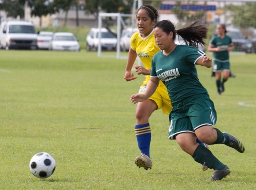 20090126_hiraishi-yamamoto Hilo's Becca Hiraishi (22) and Konawaena's Carli Yamamoto (21) charge after the ball during BIIF soccer action at Hilo Bayfront soccer fields.