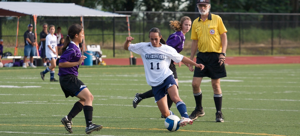 Kamehameha-Hawaii's Natasha Ah Chong (11) prepares to take a shot on the Makua Lani goal during BIIF soccer action at the Warriors Keaau campus. Kamehameha-Hawaii won 7-0.