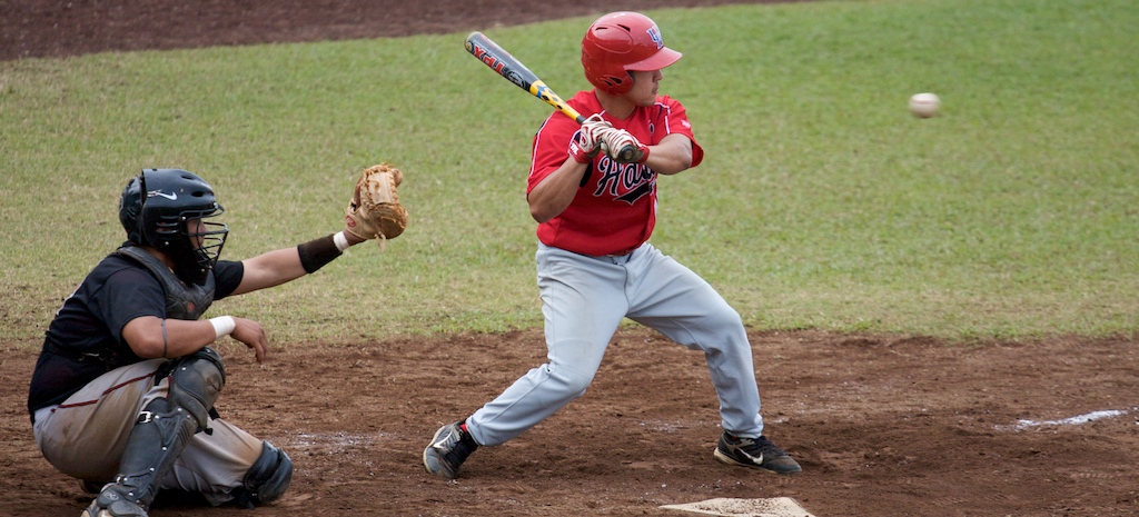 UH-Hilo Vulcan Kurt Tanabe at bat against the Academy of Art University during the first game of doubleheader action at Wong Stadium.