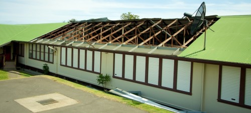 20090228_roof-exposed A late morning tornado ripped the roof off Ka`u High School & Pahala Elementary Saturday. Nobody was hurt but the roof was damaged and debris were sent flying over 100 yards away.