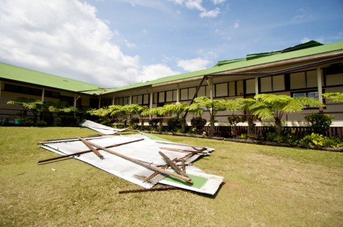 20090228_roof-in-front Debris on the front side of the administration building and classrooms where a twister pulled apart the roof.