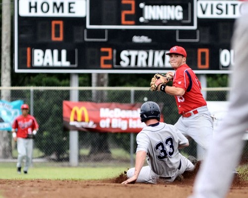 rnm-090214_0002 George Fox University's Dan Winterstein is out at second base on a fielder's choice as the Vulcan's T.J. Pilla looks to throw to first base.