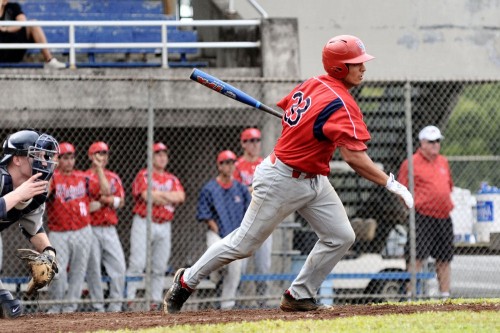 rnm-090214_0005 Senior catcher Matthew Hassenritter watches the ball drop into right field for a double. Hassenritter went 3 for 5, scoring 2 runs & driving in two runners.