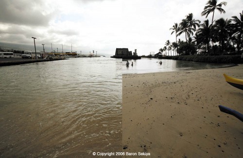 20061115_kamakahonu_tsunami_split A composite photo showing sea level changes at Kamakahonu Bay, in Kailua-Kona, following an earthquake in Japan on November 15, 2006. Baron Sekiya/Hawaii247.com