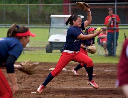 UH-Hilo pitcher Christina Pedroza (17) fires a pitch off the mound against the Lock Haven Eagles during softball action in Hilo. The Vulcan won this second game of doubleheader action 1-0 with Pedroza recording the win.