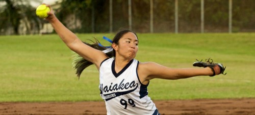 20090327_waiakea-alana-tsue-t Waiakea pitcher Alana Tsue (99) fires one off the mound against the Keaau Cougars during BIIF action at Waiakea. The Warriors won the game 8-0.