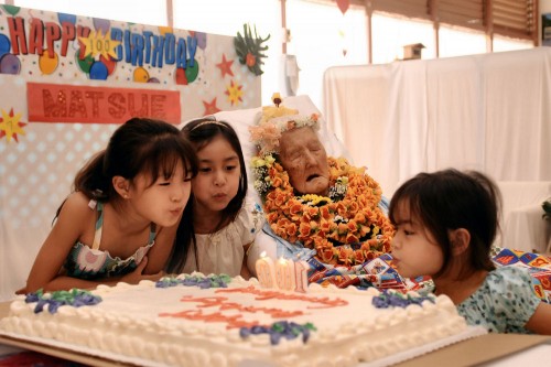 20090411-100th-bday-rnm_3545 Today was an event well worth waiting for. Matsue Nishimura, who was born on April 9, 1909, celebrated her 100th birthday today with her friends and family at the Hilo Hospital extended care facility. The birthday girl was born in Kalaoa, Papaikou and attended Kalanianaole School. She has seven children, 19 grandchildren, and 19 great-grandchildren.