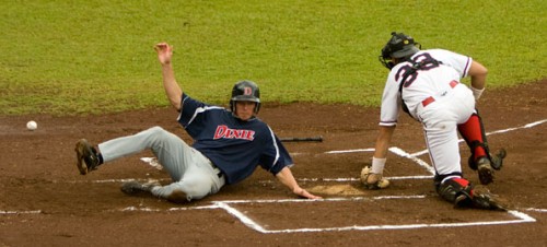 20090413_dixie-uhh-baseball A Dixie State College player slides home safely during the first game of a doubleheader played at Wong Stadium