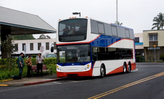 20090424_ddbus An Enviro 500 double-decker bus on Aupuni Street in Hilo is ready for a demonstration run for media and county officials.