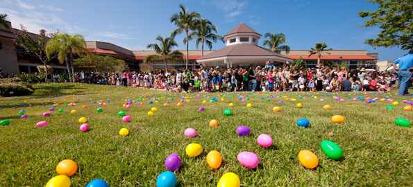 Kids get ready to scramble for eggs during the Great Waikoloa Easter Egg Hunt Saturday morning at Queens' MarkePlace at Waikoloa Resort. Michael Darden Photography