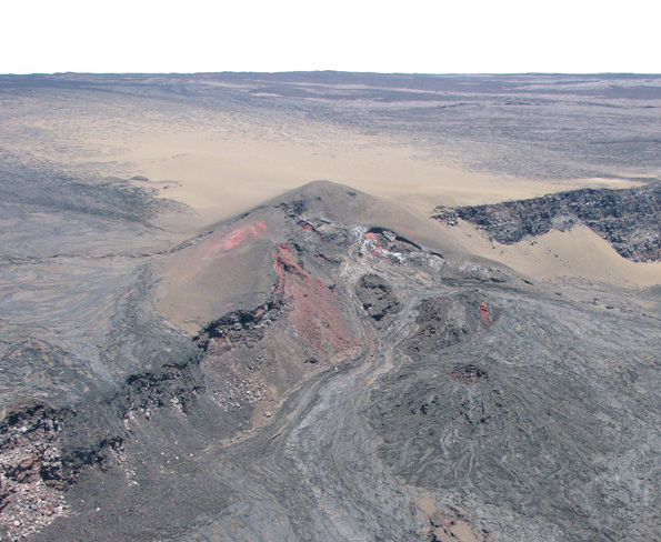 1949maunaloacone Aerial view of the pumice and cinder cone (center) built on Mauna Loa’s southwest caldera wall during the 1949 summit eruption. A blanket of light-brown pumice, erupted from high lava fountains and blown west of the cone, is still visible today (top). Lava flowing eastward from the fountains formed the dark lava cone east of the pumice and cinder cone (lower right). (Photo couresty of Hawaiian Volcano Observatory)