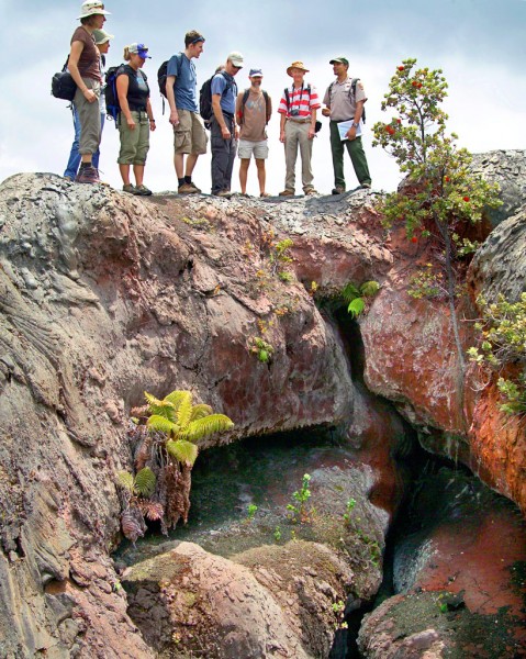 adrian-boone-at-1969-fissure Park Ranger Adrian Boone leads visitors to the 1969 fissure at Mauna Ulu. Photo courtesy of Hawaii Volcanoes National Park