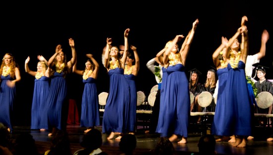 may-2009-069 The women of Parker School's class of 2009 perform a hula on stage at Kahilu Theatre.