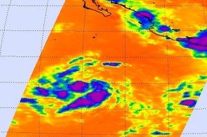 20090710_TD4E This AIRS Infrared image from July 10 shows the coldest, highest thunderstorm cloud tops of TD#4E in purple. Image credit: NASA JPL, Ed Olsen