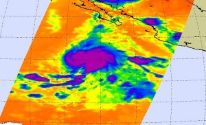 20090715_dolores NASA's Aqua satellite captured Tropical Depression 5E's cold clouds as it strengthened into Dolores. The coldest clouds in this infrared image appear in purple. Credit: NASA JPL, Ed Olsen