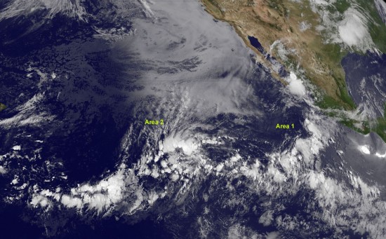 374031main_2EasternPacificLows_20090728_full GOES-11 captured two low pressure areas on July 28 at 11:00 a.m. EDT (1500 UTC). The satellite image is marked "Area 1" for the showers associated with the tropical wave near mainland Mexico, and "Area 2" for the other area over 1,000 miles farther west. Credit: NASA GOES Project Two areas of thunderstorms in the eastern Pacific developed today, July 28, 2009 and both have less than a 30 percent chance of developing into a tropical depression.