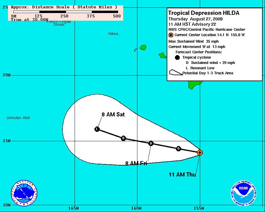 Hilda continues to gradually weaken while moving west...

At 1100 am HST the center of Tropical Depression Hilda was located near latitude 14.1 north...longitude 155.0 west  or about 385 miles south of Hilo, Hawaii.
 
The depression is moving toward the west near 13 mph...and this  general motion is expected to continue over the next two days.