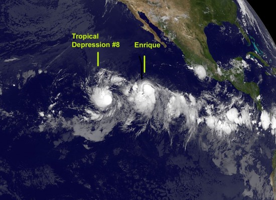 376091main_EnriqueTD8E-large_20090804_full The GOES-11 satellite captured an infrared image of Tropical Depression 8e's (left) and Tropical Storm Enrique's (right) clouds in the early morning hours of August 4, 2009 in the Eastern Pacific Ocean. Credit: NASA/NOAA GOES Project