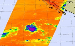 377583main_20090810_AIRS.09E_full This AIRS Infrared image from August 10 shows cold high clouds (in blue) from TD9E are in two areas, indicating a disorganized tropical cyclone. Credit: NASA/JPL, Ed Olsen