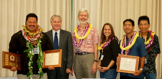 2009_hspls-awards (left to right), Judd Sato, Jr., HSPLS Õ09 Employee of the Year; State Librarian Richard Burns; and members of the HSPLS Õ09 Team of the Year: ChildrenÕs Science Book Project Ð Duane Wenzel, Branch Manager; Kristine Kishida, Library Technician V; Curt Fukumoto, Librarian III; all at Salt Lake-Moanalua Public Library; and Edwin Kamikawa, Illustrator-Photographer of Library Development Services Section. Not pictured: Ann Luke, Library Technician V of Salt Lake-Moanalua Public Library.