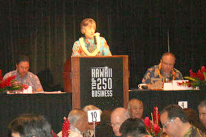 LingleTop250 Gov. Linda Lingle addresses business leaders during the Hawaii Business Magazine Top 250 luncheon. (Photo courtesy of The Governor's Office)