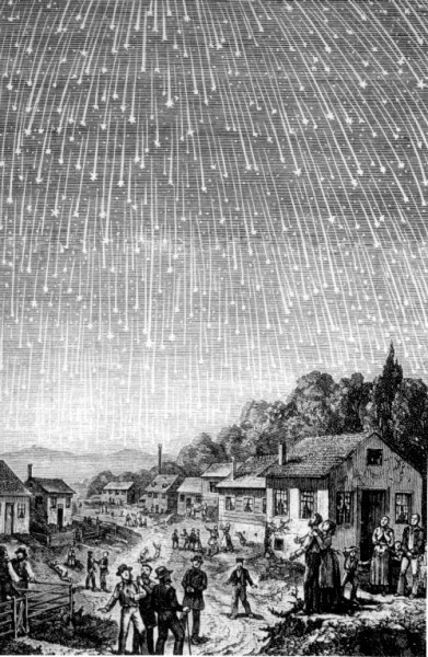 Meteor-Shower The engraving is by Adolf Vollmy based upon an original painting by the Swiss artist Karl Jauslin, that is in turn based on a first-person account of the 1833 storm by a minister, Joseph Harvey Waggoner on his way from Florida to New Orleans.