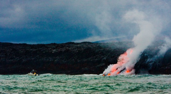 20091204_lavaboat-boat-flow Tour operators have taken to the ocean to give visitors the closest look possible of lava entering the sea.