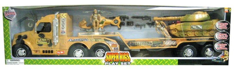 The toy truckâ€™s surface coating contains high levels of lead, violating the federal lead paint standard. This recall involves â€œSuper Rig Transportâ€ toy truck with trailer and vehicles. The truck and trailer are multi-colored, holding two vehicles and two action figures. â€œSuper Rigs Play Setâ€ is labeled on the outside of the packaging. The box back has a bar code square with Item No. 67007, Made in China and Bar Code 6-98567-67007-3. The bottom of the trailer has an engraved code 45TNGO9.