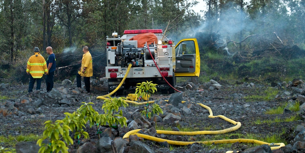 Fire crews responded to a 4:46 p.m. alarm Monday (Feb 8) for a brushfire in Fern Acres between 1 Road (Uhina Ana Road) and Plumeria Street.