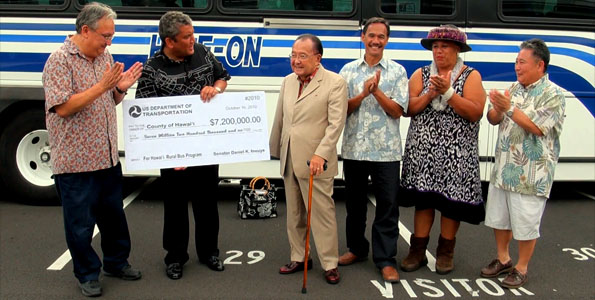 U.S. Sen. Daniel K. Inouye presented a check for $7.2 million to the County of Hawaii for seven new 45-passenger buses and major improvements to the countyâ€™s Mass Transit Agency facilities on Saturday, Oct. 16.