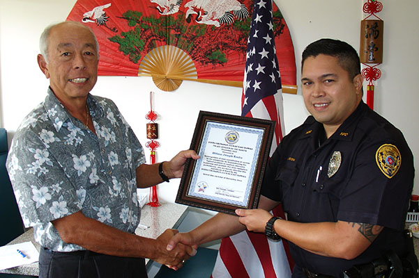 The Aloha Exchange Club of East Hawai'i recognized Officer Joseph Rocha on Thursday (December 23) as "Officer of the Month" for December.

Rocha was honored for what Sergeant Juergen Canda referred to as his "diligent investigation" of a burglary that identified a convicted felon suspected of numerous burglaries in the Puna District.