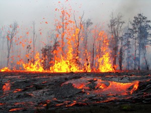 An early morning view of the fountaining we encountered at the western fissure on Sunday, March 6, at 7:20 a.m. Particles were thrown up to 15 m (50 ft) high at this point and the intensity and height increased over the next two hours.