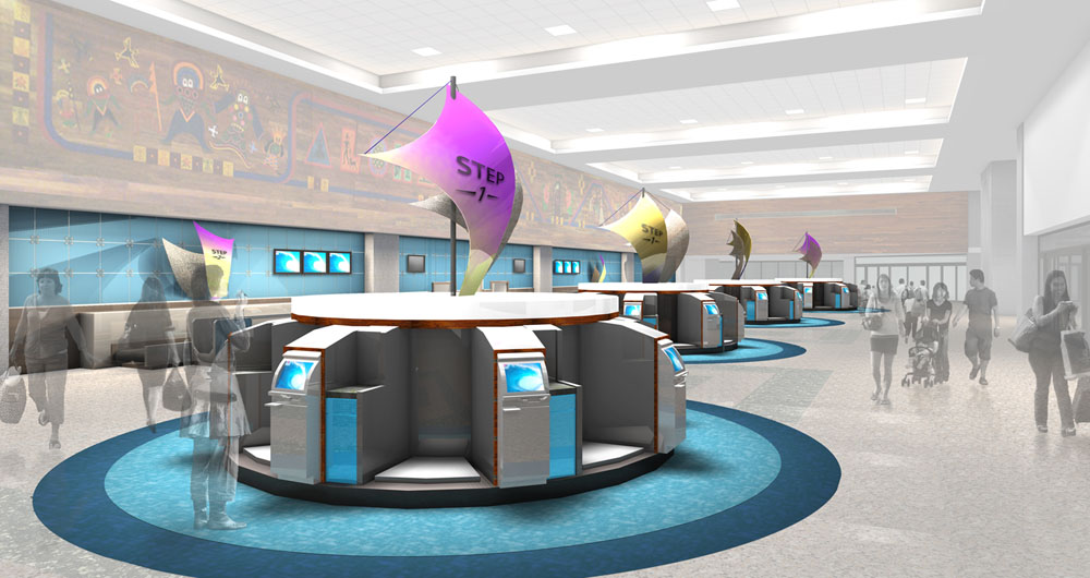 The innovative, free-flowing floor plan eliminates one of three check-in steps and also removes the limitation of having designated queues for various destinations, meaning customers entering the lobby will be able to go to any of the new 48 self-service check-in stations that are available, cutting peak period wait times by up to 75 percent.