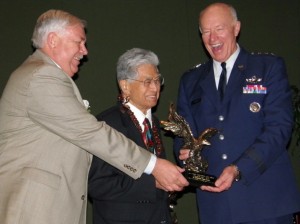 akaka-eagle-award Senator Daniel K. Akaka, center, receives the G. V. "Sonny" Montgomery Eagle Award from Roger Hagan (left), Pres. of the Enlisted Assoc. of the National Guard and Lt. Gen. Harry M. Wyatt III, Dir. of the U.S. Air National Guard. Photo courtesy of office of Sen. Akaka