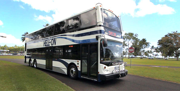 The new Hele-On double decker bus debuted Friday (May 20) with a circle island tour carrying kupuna and county workers.