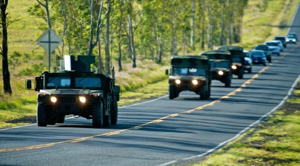 A convoy of military vehicles heads up Waikoloa Road Friday (May 27) on their way to Pohakuloa Training Area. Photography by Baron Sekiya | Hawaii 24/7