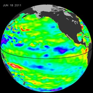 20110618_la-nina The latest satellite data of Pacific Ocean sea surface heights from the NASA/European Ocean Surface Topography Mission/Jason-2 satellite show near-normal conditions in the equatorial Pacific. The image is based on the average of 10 days of data centered on June 18, 2011. Higher (warmer) than normal sea surface heights are indicated by yellows and reds, while lower (cooler) than normal sea surface heights are depicted in blues and purples. Green indicates near-normal conditions. Image credit: NASA/JPL Ocean Surface Topography Team