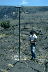 1997-seismic-station-antenna Checking the orientation of antenna for radio telemetry at an isolated seismic station on Kilauea in July 1997. Photos by by K. Honma