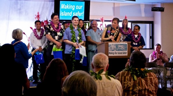 20110802_hmc-trama005 The Level III trama team at Hilo Medical Center is introduced by host Kat from KWXX radio.