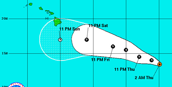 As of 11 p.m. HST the center of Tropical Storm Fernanda was located 1,115 mile East-Southeast of South Point, Hawaii. Maximum sustained winds have increased to 65 mph with higher gusts. Tropical storm force winds extend outward of up to 80 miles from the center.