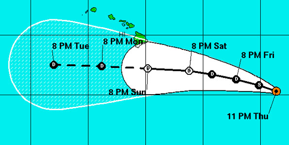 At 11 p.m. HST the center of Tropical Storm Fernanda was located 840 miles East-Southeast of South Point Hawaii. Maximum sustained winds of 50 mph with higher gusts