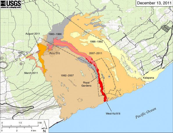 20111213_usgs-lava-flow-map Map showing the extent of lava flows erupted during Kilauea's ongoing east rift zone eruption and labeled with the years in which they were active. Episodes 1–48b (1983–1986) is shown in dark gray; Episodes 48c–49 (1986–1992) is pale yellow; Episodes 50–53 and 55 (1992–2007) is tan; Episode 54 (1997) is yellow; Episode 58 (2007–2011) is pale orange; the episode 59 Kamoamoa eruption (March 2011) is at left in light reddish orange; and the episode 60 Pu‘u ‘O‘o overflows and flank breakout (March–August 2011) is orange. The currently active flow (episode 61) is shown as the two shades of red–pink is the extent of the flow from September 21 to November 21, and bright red marks approximate flow expansion from November 21 to December 13. The contour interval on Pu‘u ‘O‘o is 5 m