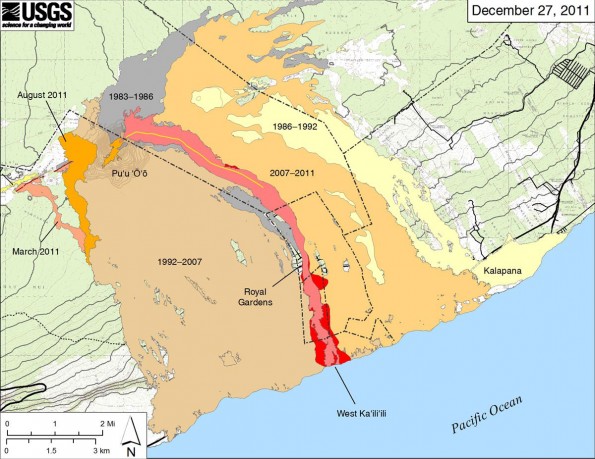 20111227_usgs-eruption-map Map showing the extent of lava flows erupted during Kilauea's ongoing east rift zone eruption and labeled with the years in which they were active. Episodes 1–48b (1983–1986) is shown in dark gray; Episodes 48–49 (1986–1992) is pale yellow; Episodes 50–53 and 55 (1992–2007) is tan; Episode 54 (1997) is yellow; Episode 58 (2007–2011) is pale orange; the episode 59 Kamoamoa eruption (March 2011) is at left in light reddish orange; and the episode 60 Pu‘u ‘O‘o overflows and flank breakout (March–August 2011) is orange. The currently active flow (episode 61) is shown as the two shades of red–pink is the extent of the flow from September 21 to December 13, and bright red marks flow expansion from December 13 to December 27. The fissure eruption that started this flow opened on September 21, which was the anniversary of International Peace Day. Thus, we are informally calling this the Peace Day flow. The flow continues to enter the ocean at the West Kailiili entry site, where a narrow lava delta is being constructed